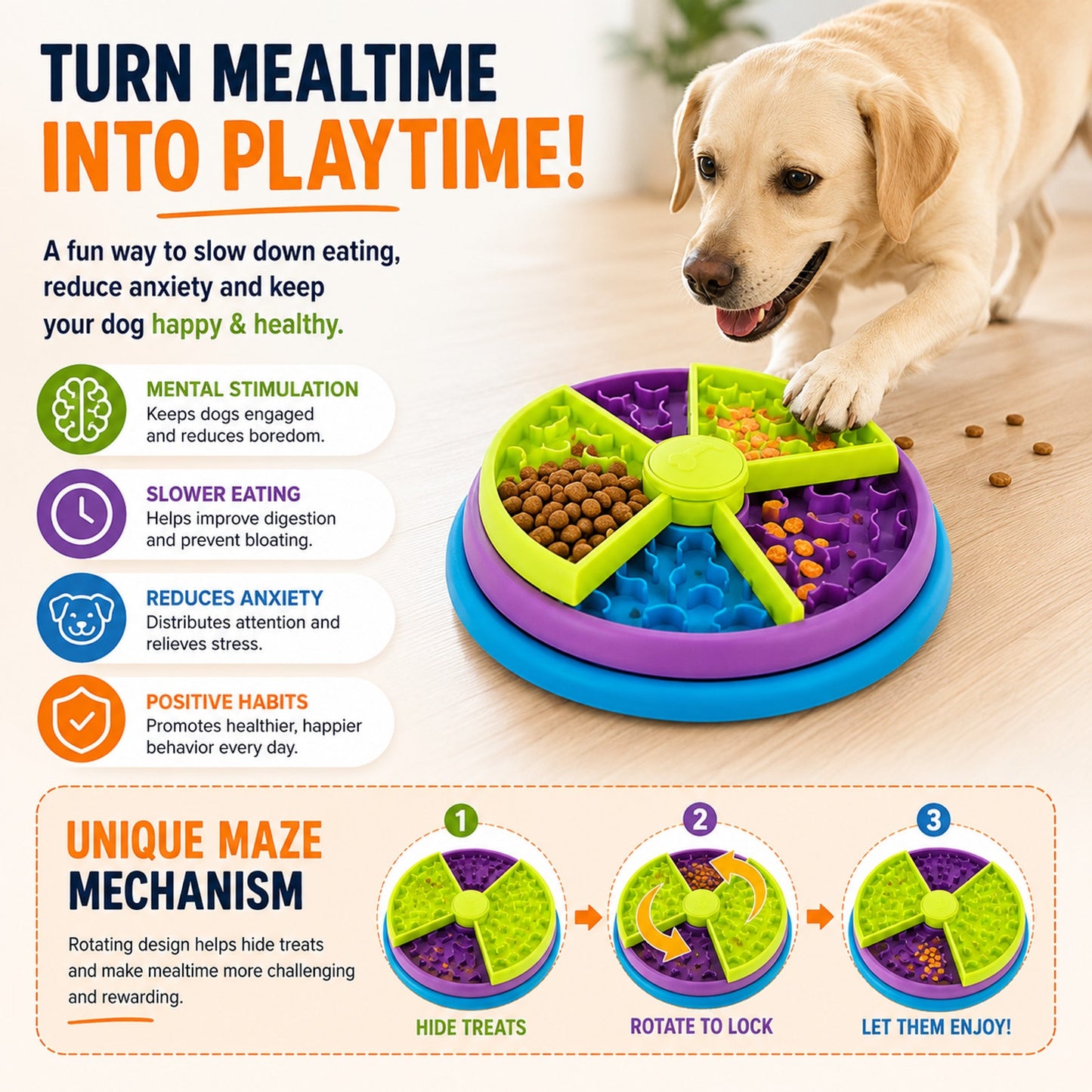 Prime Essentials 3-in-1 Slow Feeder Pet Bowl Interactive Puzzle Anti-Choking