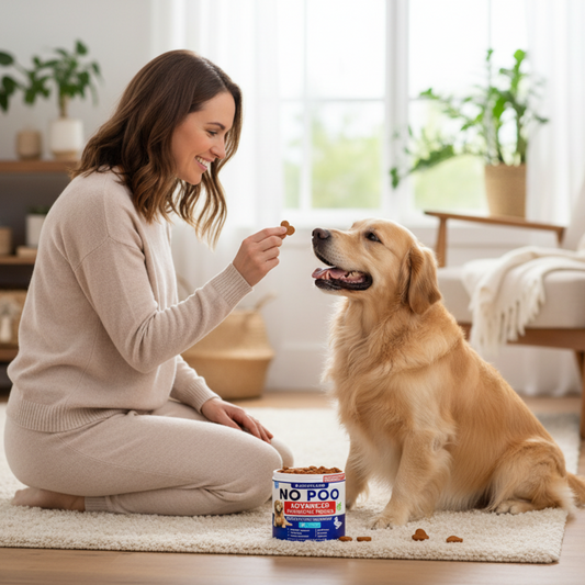 Pet owner hand-feeding Artullano No Poo Chews probiotic treat to golden retriever at home