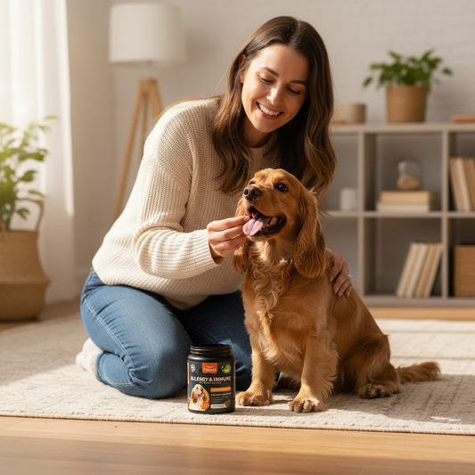 Pet owner hand-feeding a Chewia Allergy and Immune soft chew treat to a happy Cocker Spaniel dog at home