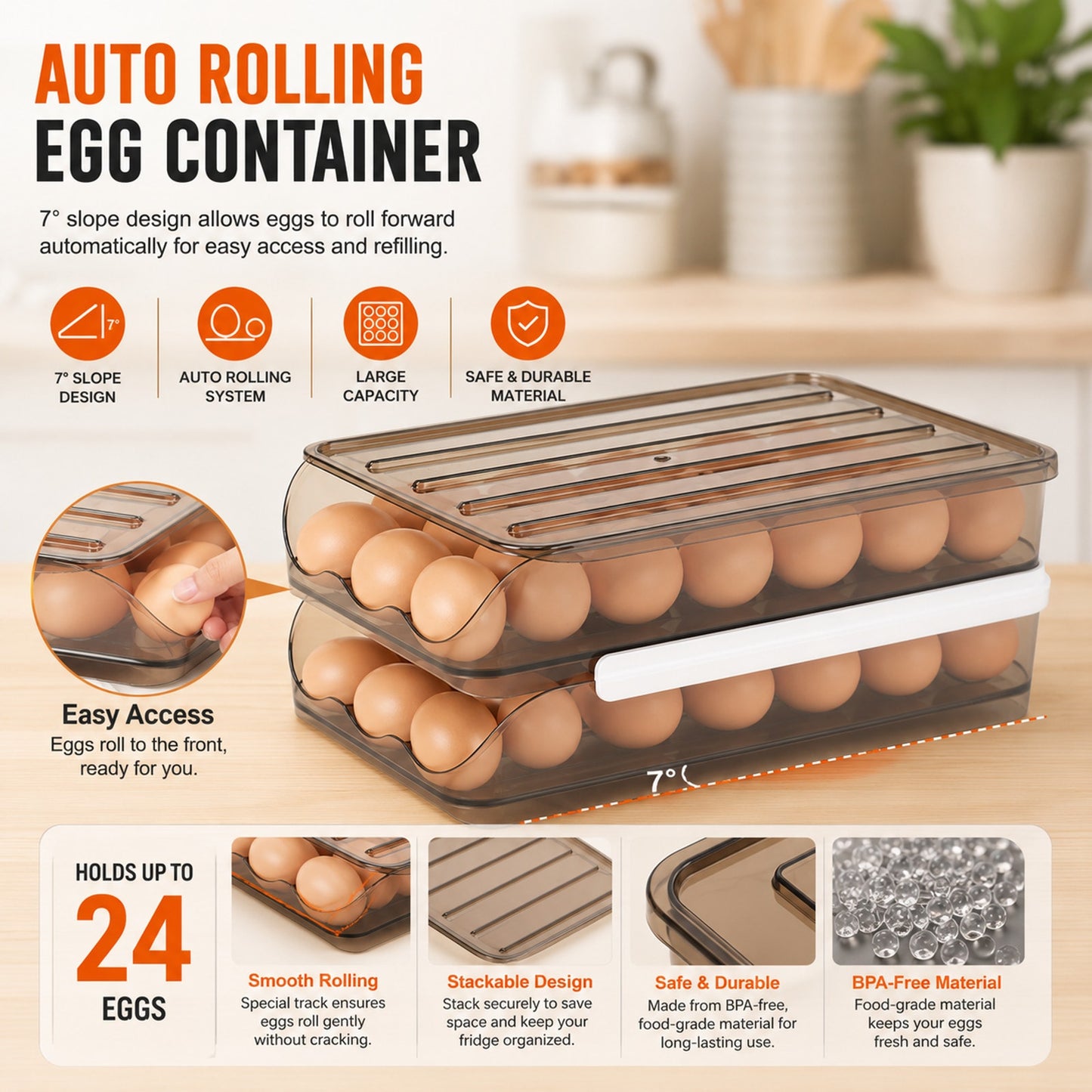 Prime Essentials Rolling Egg Organizer Auto Dispenser Clear Space-Saving Storage