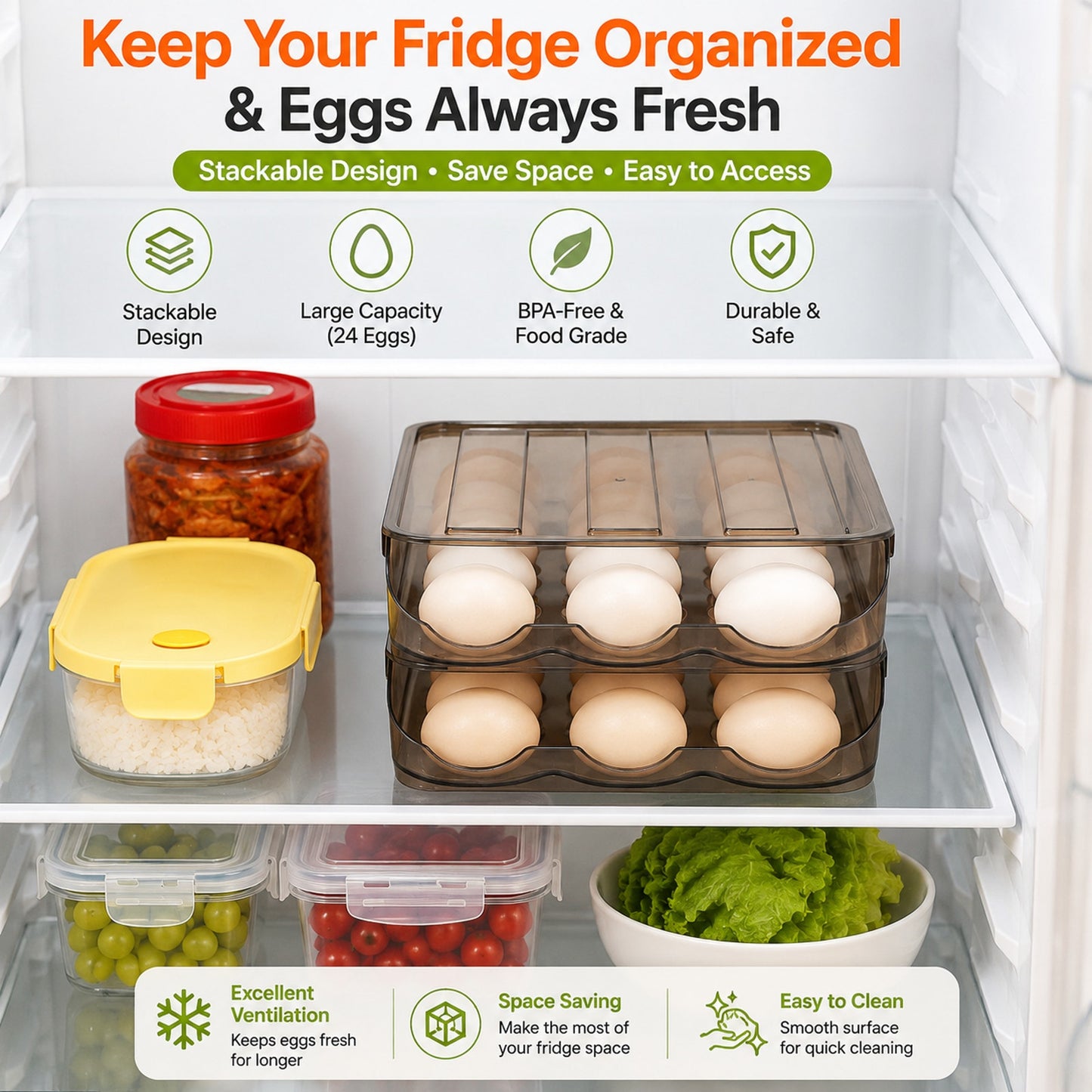 Prime Essentials Rolling Egg Organizer Auto Dispenser Clear Space-Saving Storage