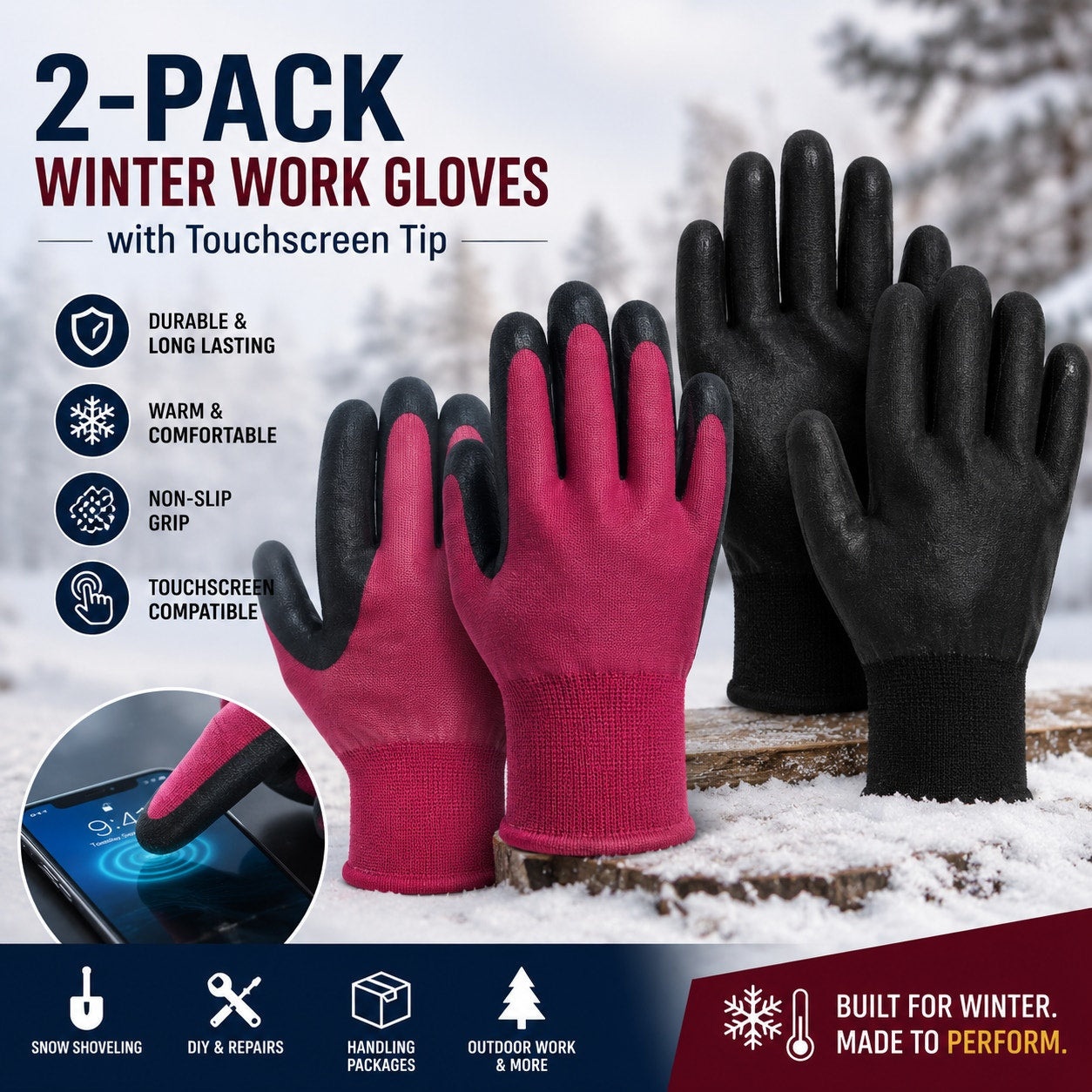 EZTools Winter Work Gloves Touchscreen 2-Pack Warm Grip
