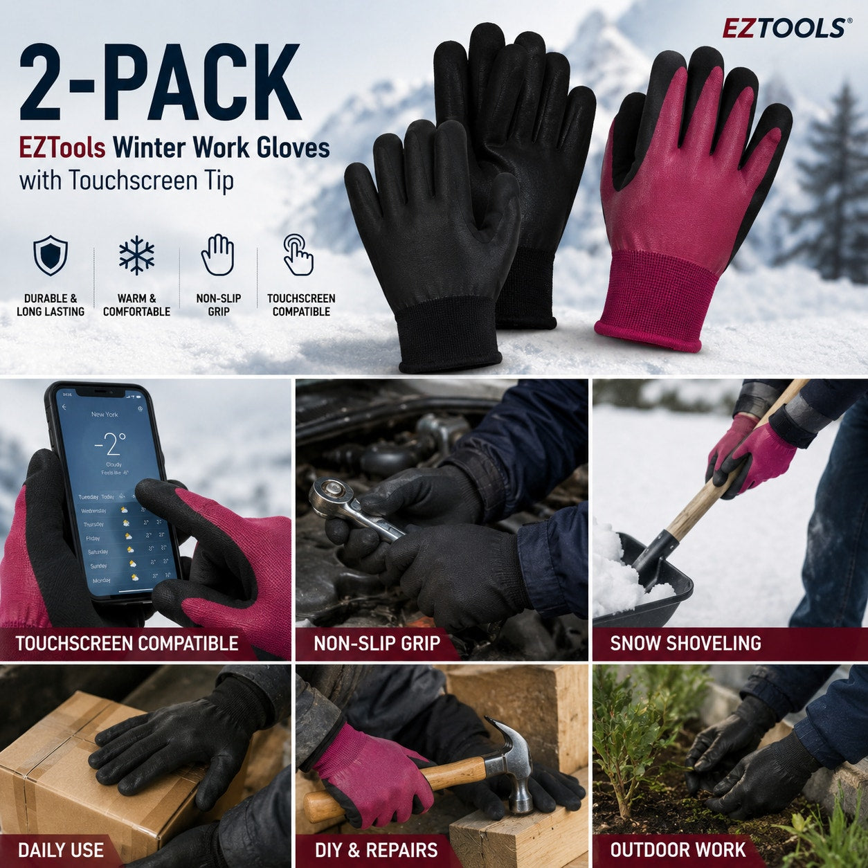 EZTools Winter Work Gloves Touchscreen 2-Pack Warm Grip