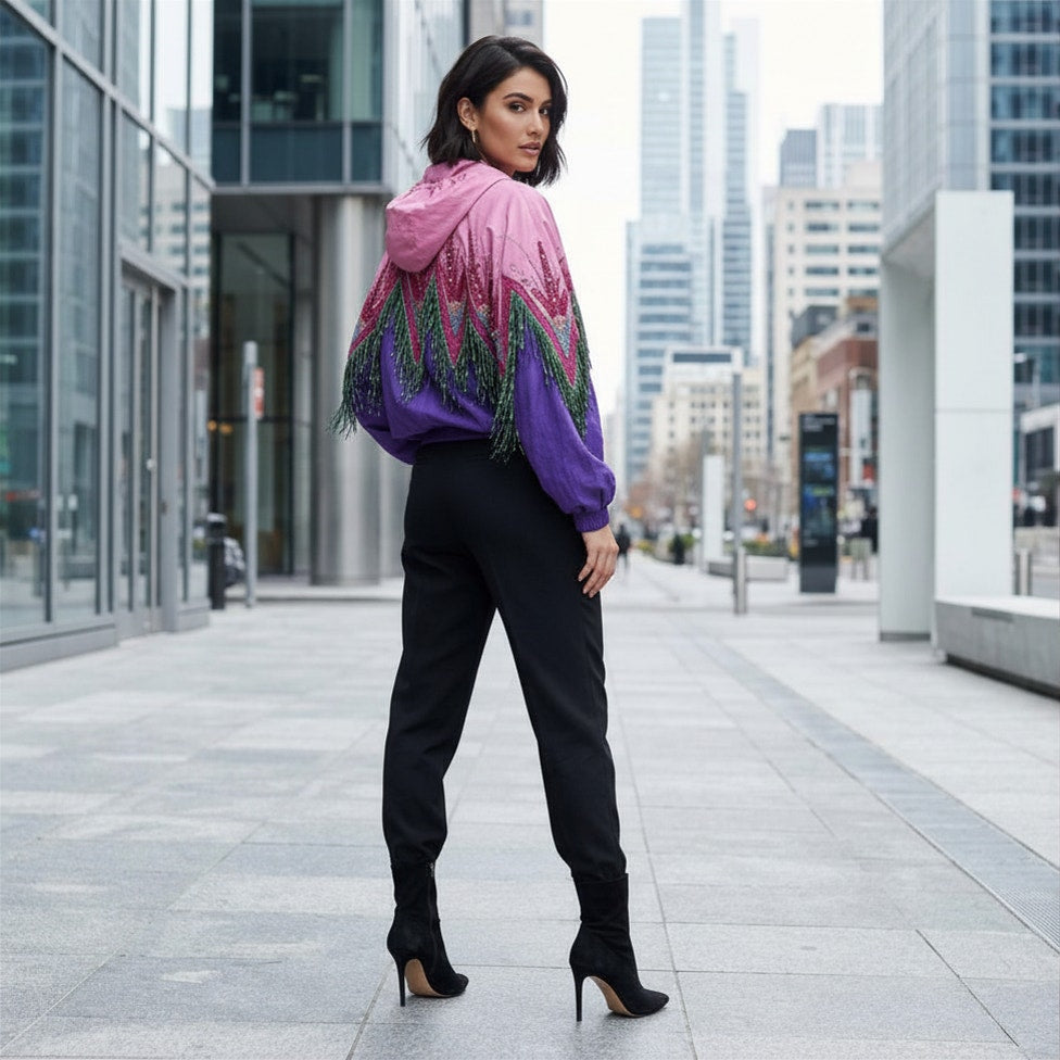A woman stands on a city sidewalk wearing a vibrant pink and purple gradient hoodie with green fringe details, paired with black pants and black high-heeled ankle boots.