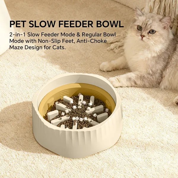2-in-1 Dual Mode Large Plastic Cat Slow Feeder Bowl, Switchable Fast&Slow Feed - Prime Essentials