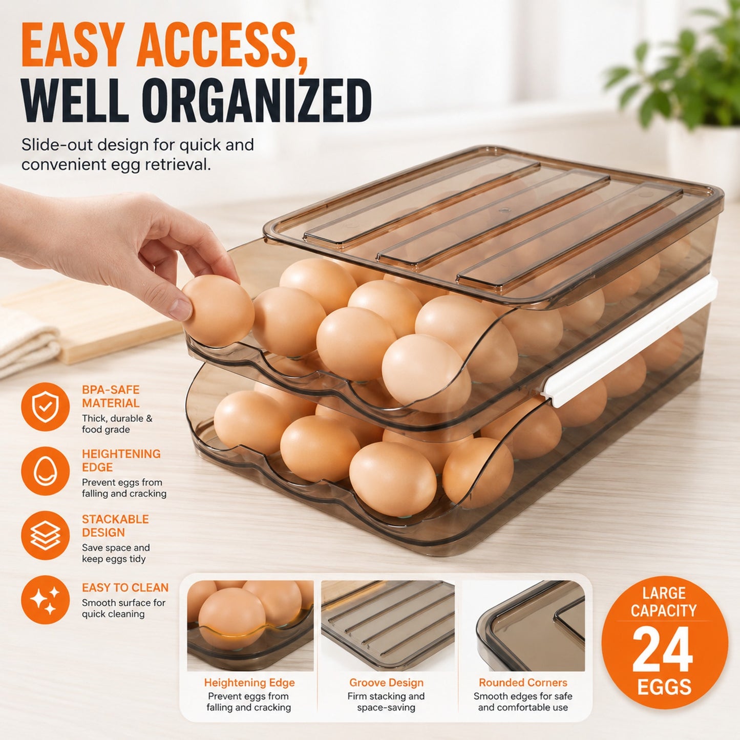 Prime Essentials Rolling Egg Organizer Auto Dispenser Clear Space-Saving Storage