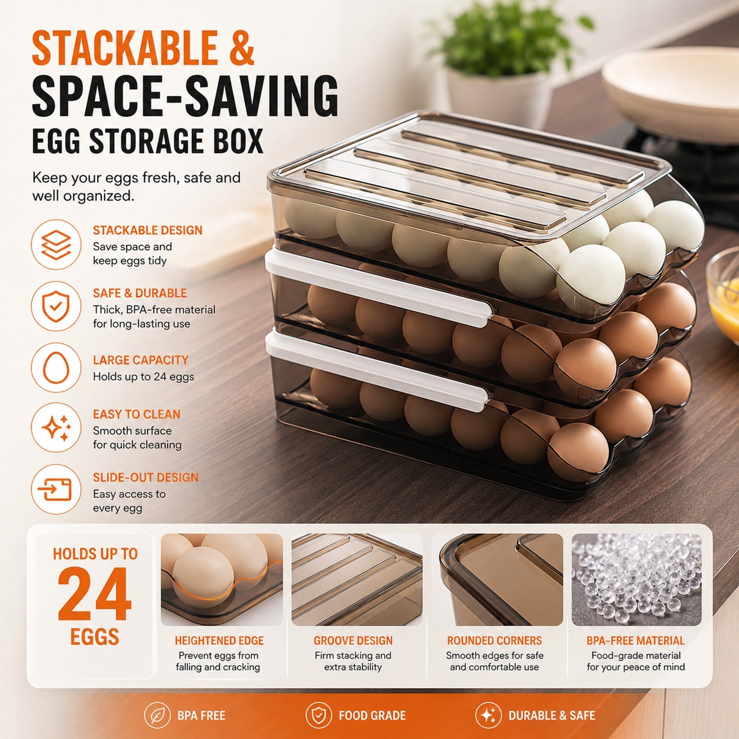 Prime Essentials Rolling Egg Organizer Auto Dispenser Clear Space-Saving Storage