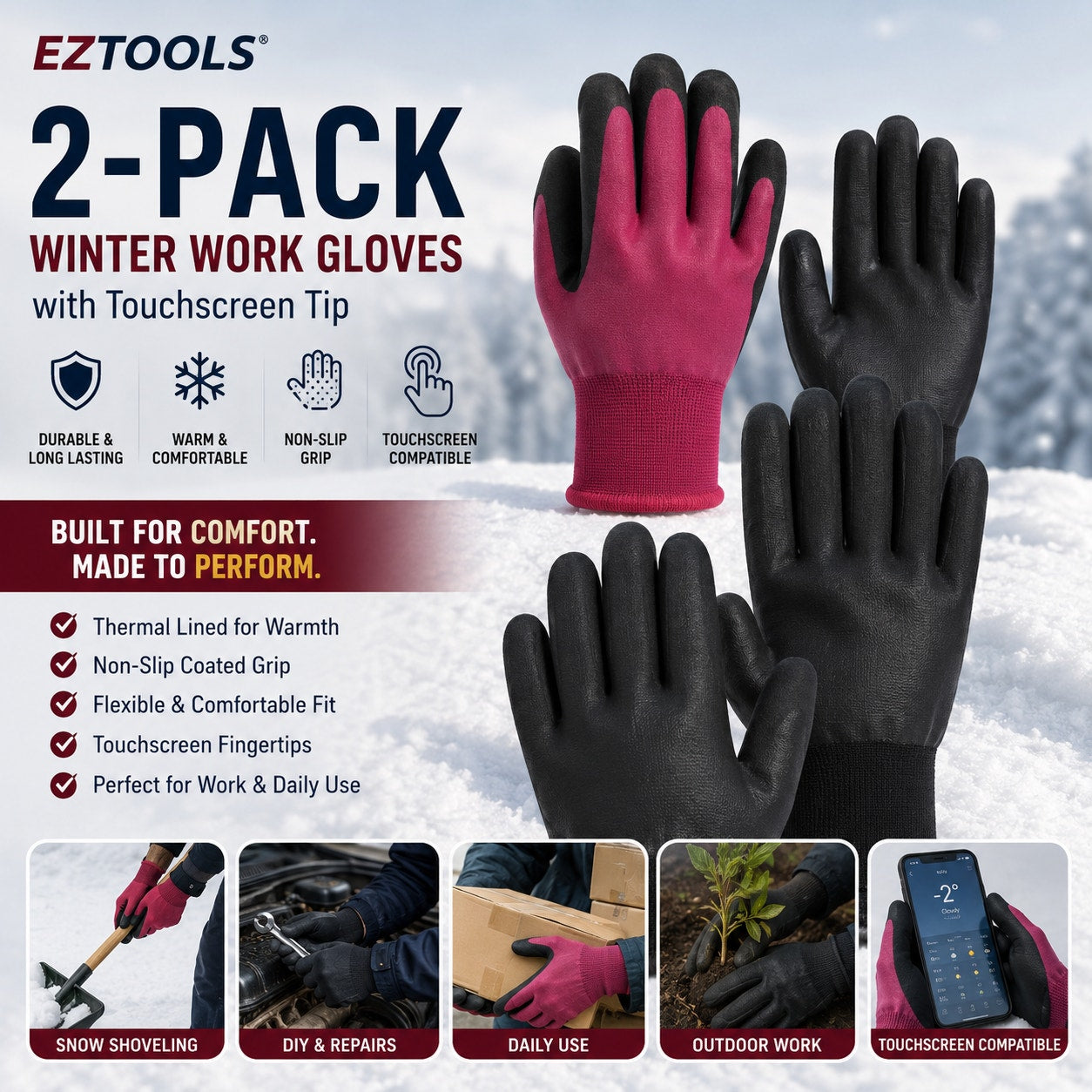 EZTools Winter Work Gloves Touchscreen 2-Pack Warm Grip