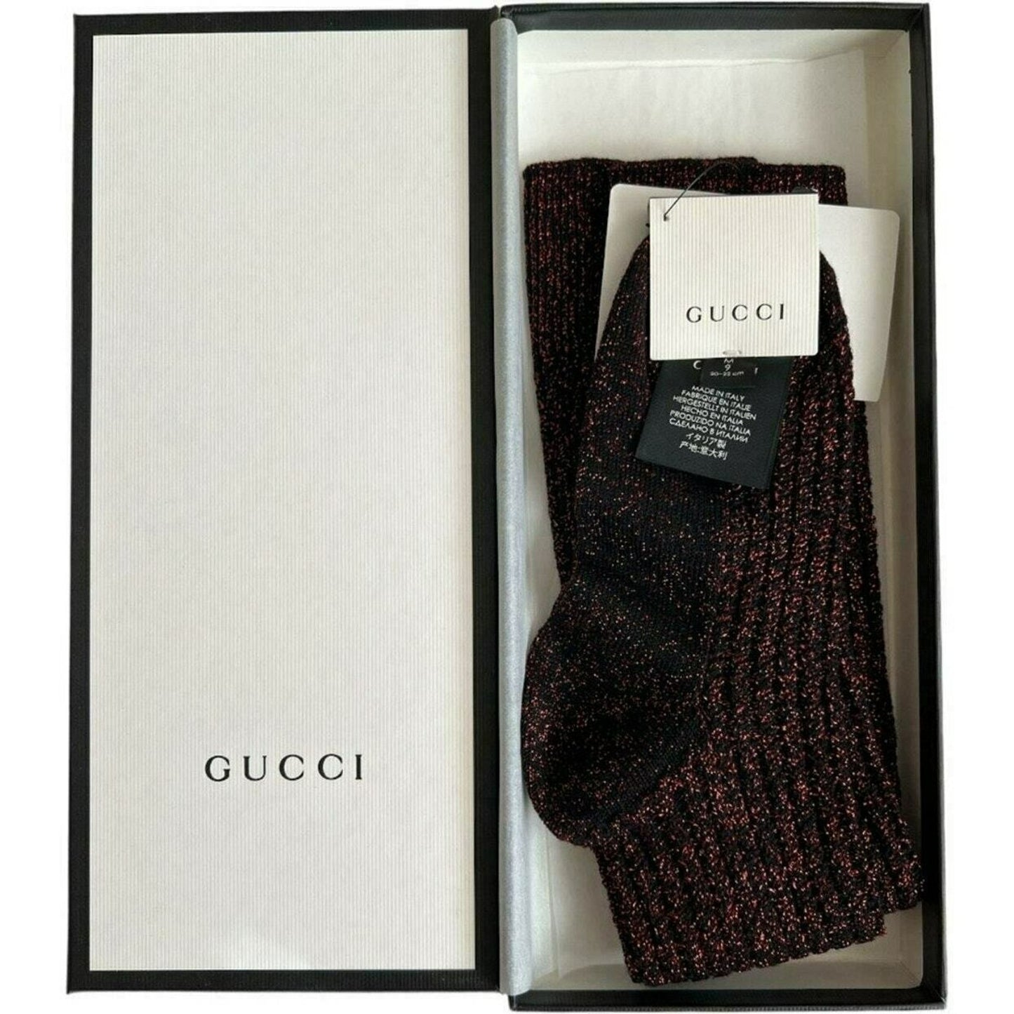 Gucci Wool Crew Socks Metallic M9 Red Black Luxury Comfort