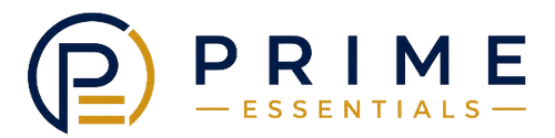 A logo-style graphic reading PRIME ESSENTIALS, with a stylized dark blue and gold circular emblem on the left and dark blue and gold text on a white background.