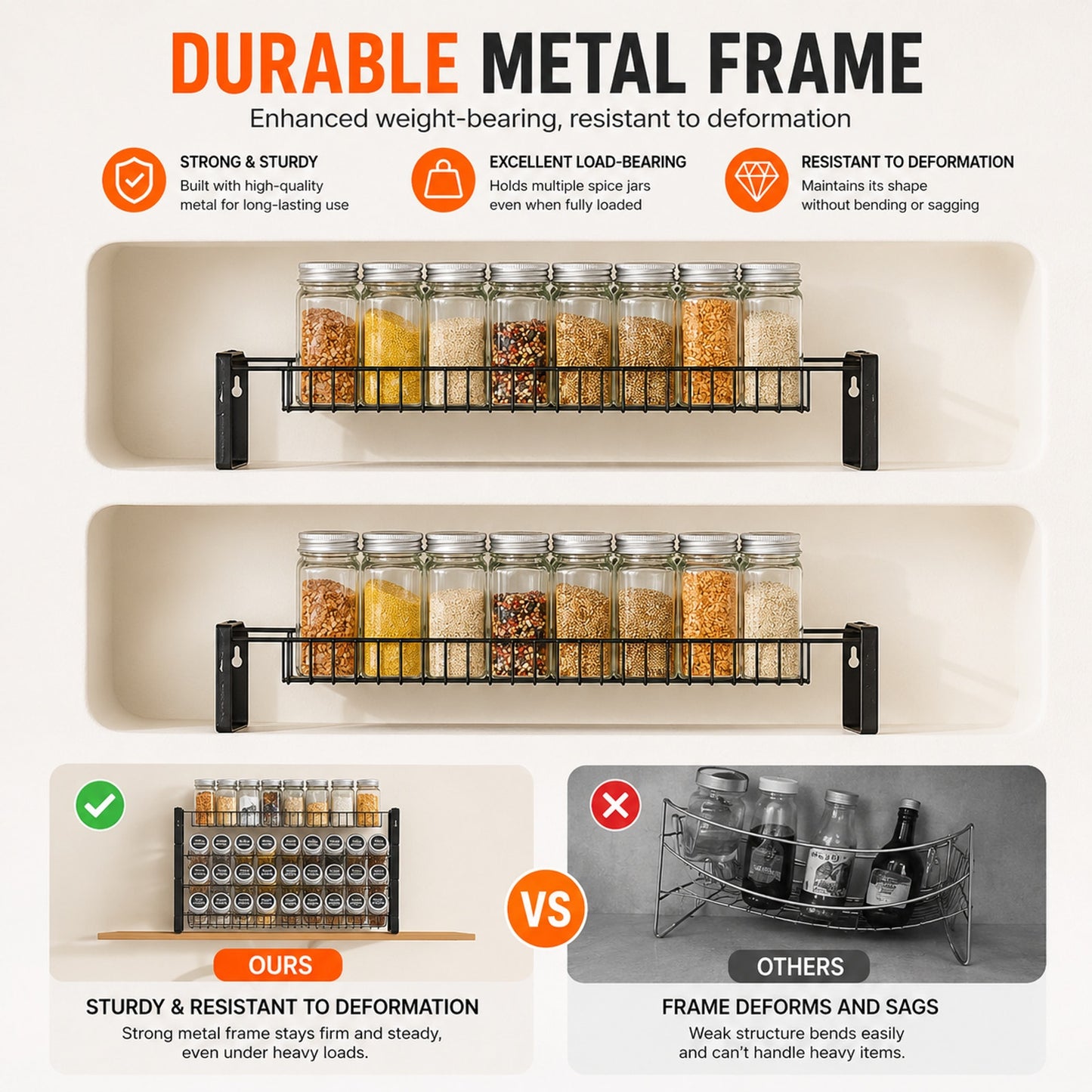 Prime Essentials Spice Rack Organizer 18x11 Metal Space-Saving Kitchen Storage