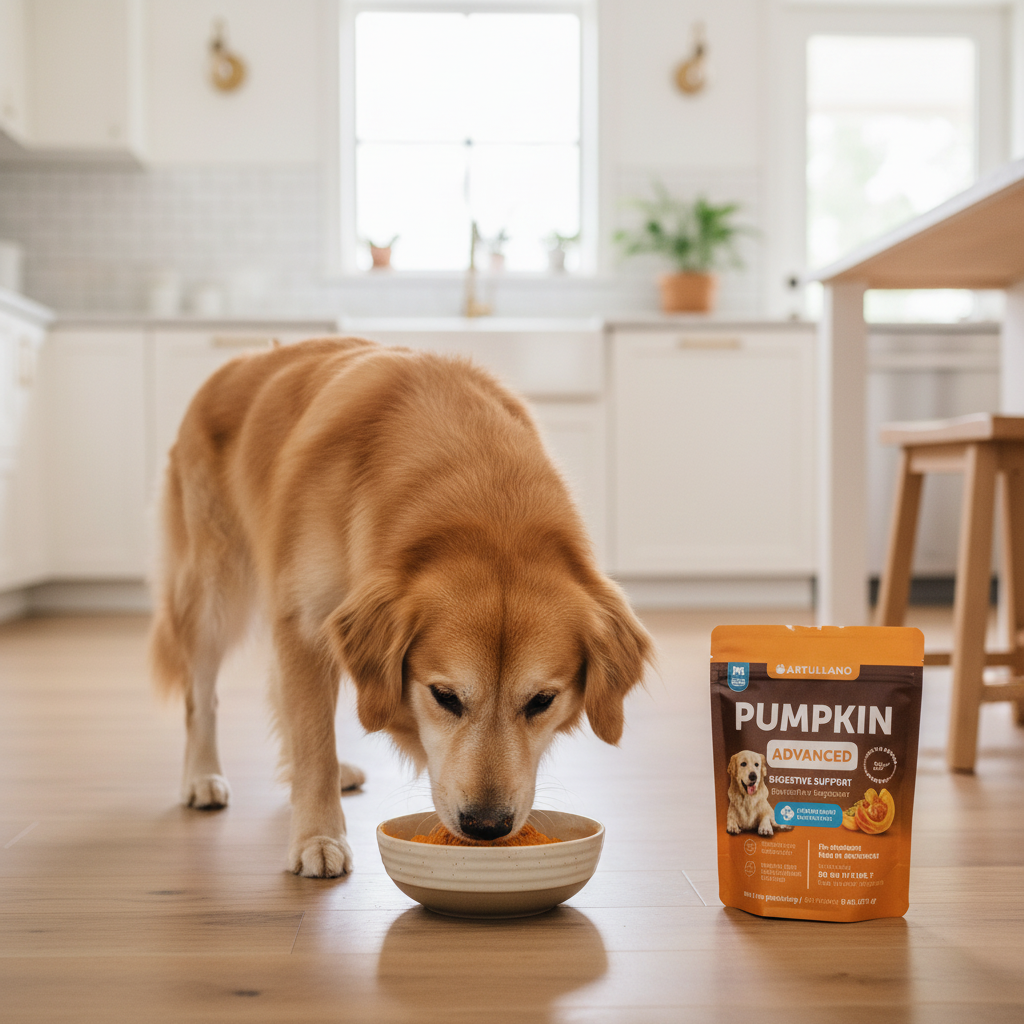 Happy golden retriever eating Artullano pumpkin powder supplement from a bowl