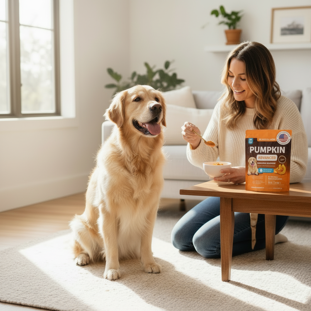 Dog owner feeding Artullano pumpkin powder supplement to a happy golden retriever