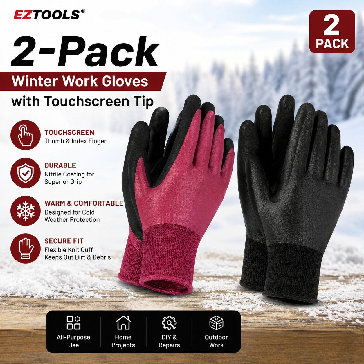 EZTools Winter Work Gloves Touchscreen 2-Pack Warm Grip