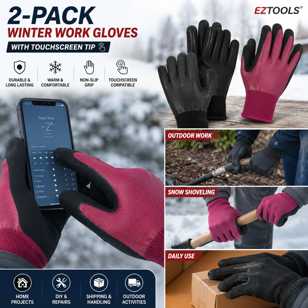 EZTools Winter Work Gloves Touchscreen 2-Pack Warm Grip
