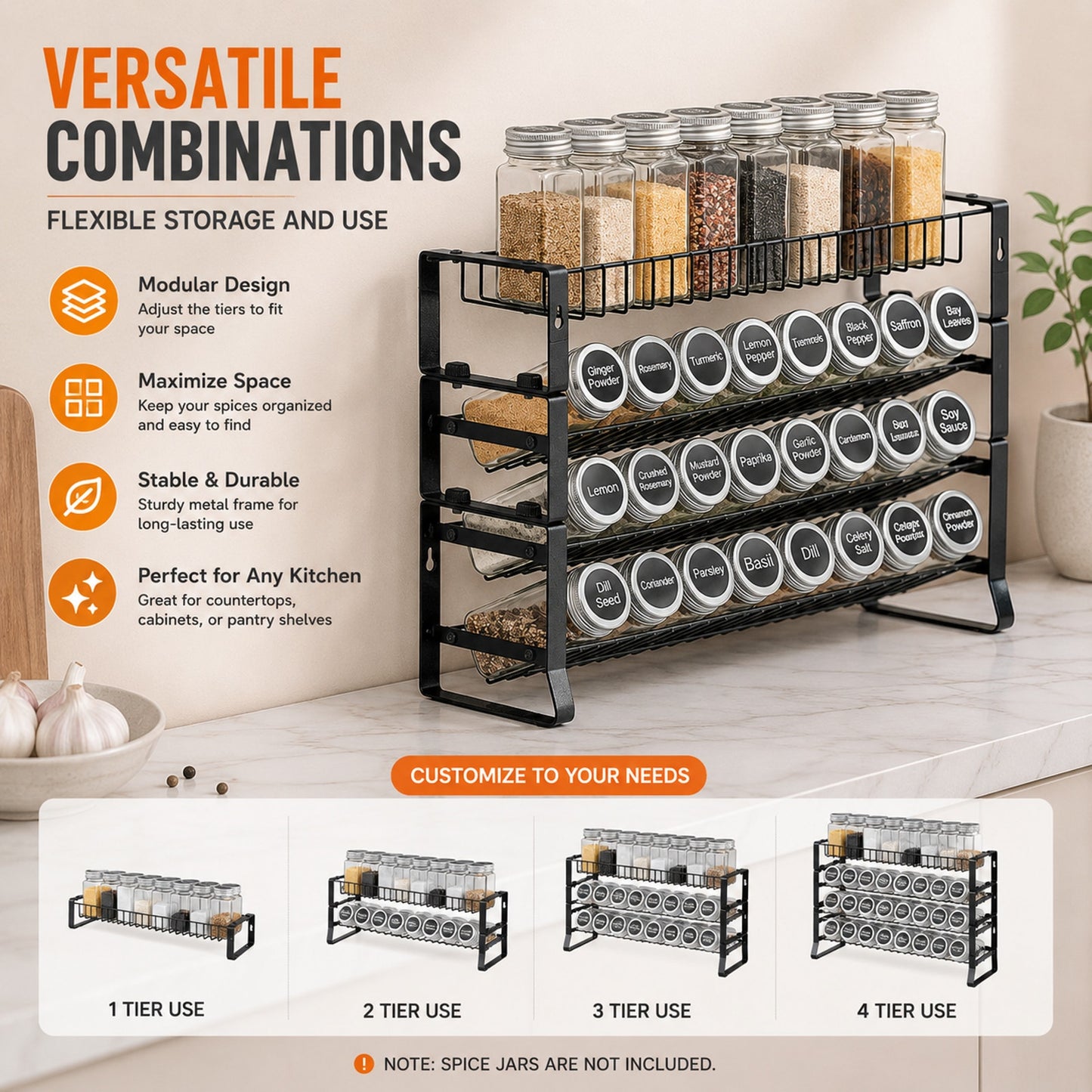 Prime Essentials Spice Rack Organizer 18x11 Metal Space-Saving Kitchen Storage