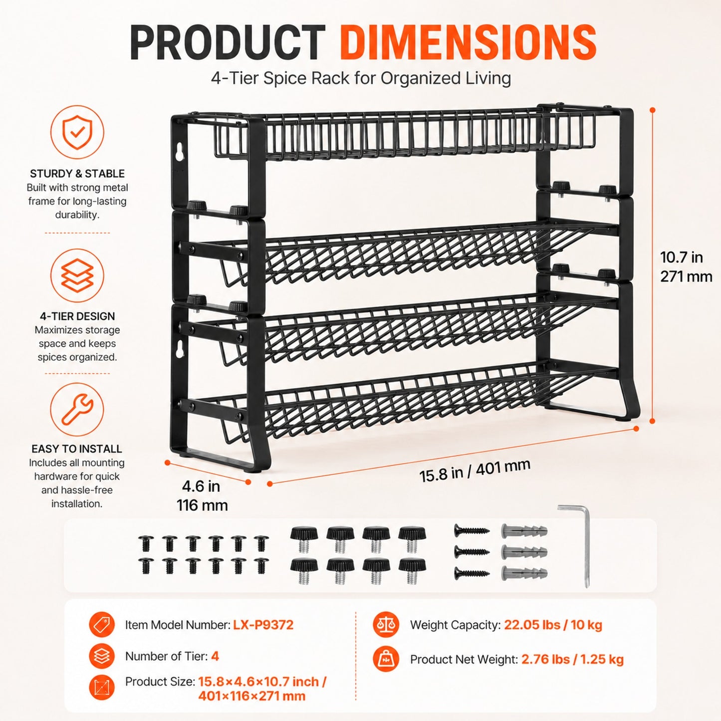 Prime Essentials Spice Rack Organizer 18x11 Metal Space-Saving Kitchen Storage