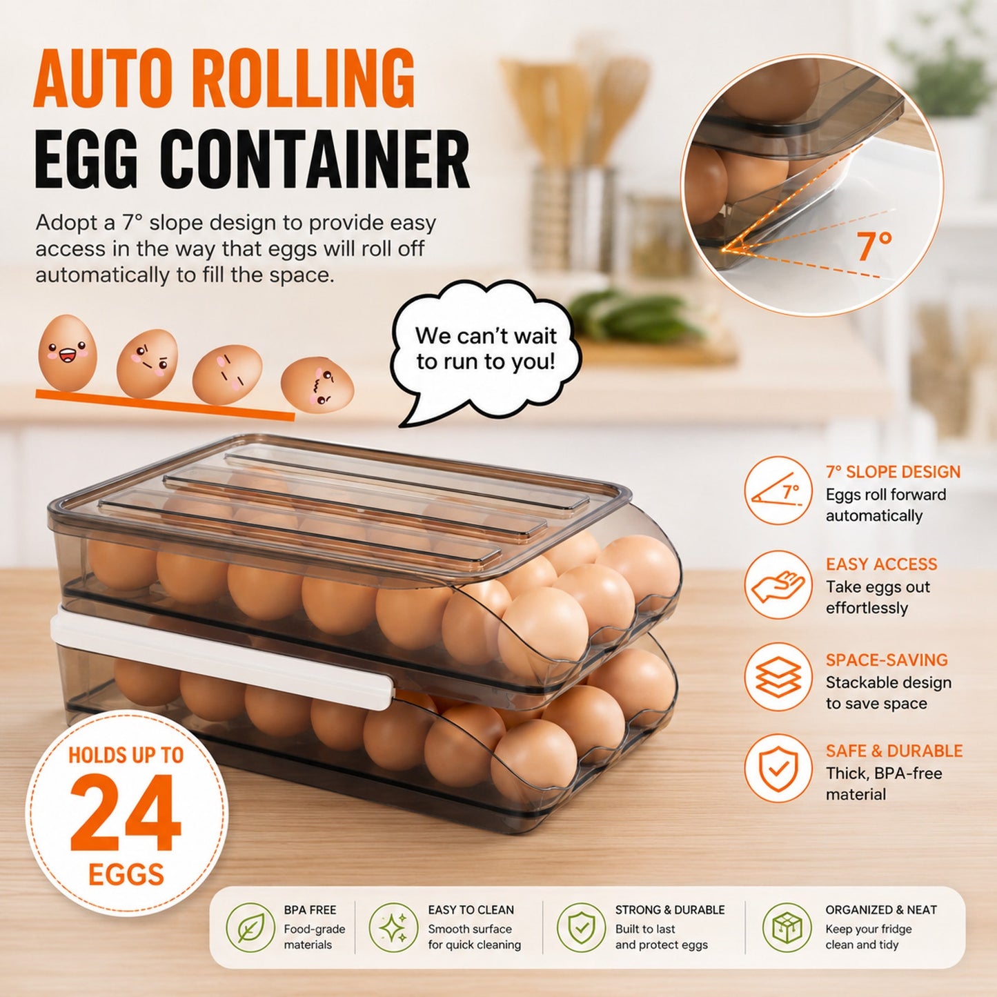 Prime Essentials Rolling Egg Organizer Auto Dispenser Clear Space-Saving Storage