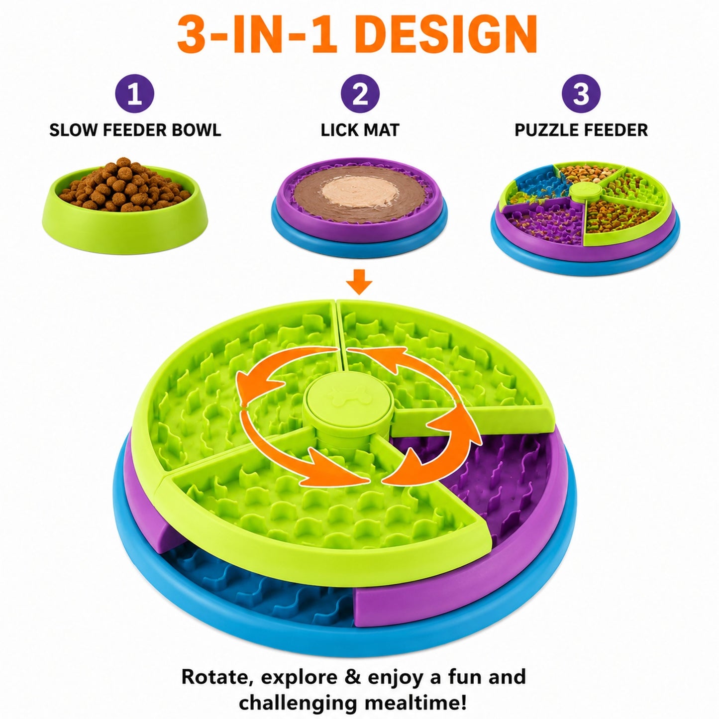 Prime Essentials 3-in-1 Slow Feeder Pet Bowl Interactive Puzzle Anti-Choking