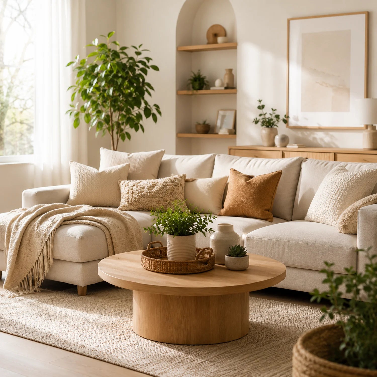 Cozy living room with a beige sofa, wooden coffee table, and decorative plants.
