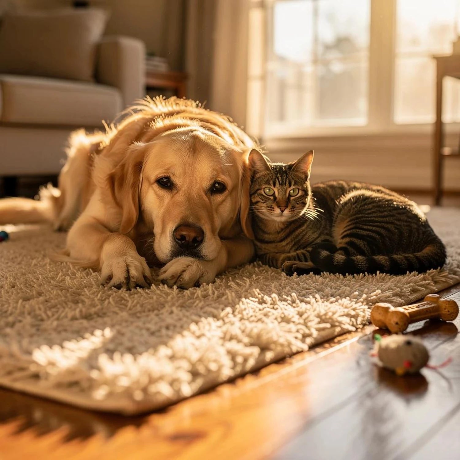 Dog and cat lying on a rug together in a cozy living room.