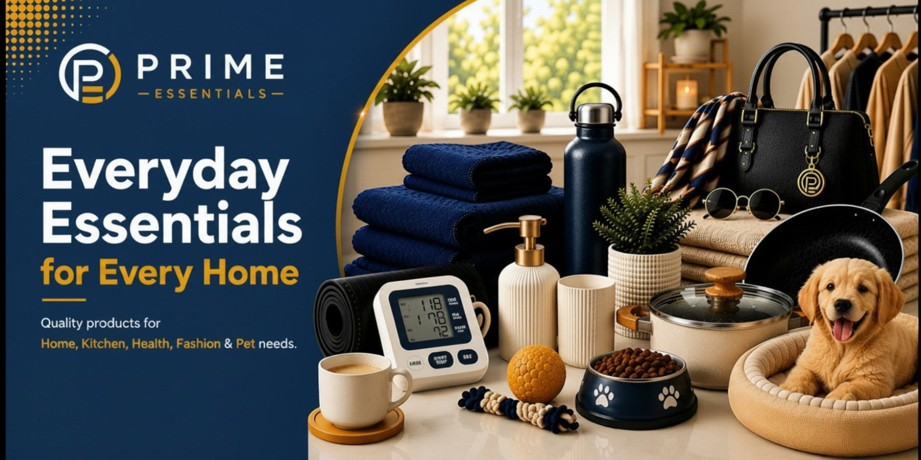 Promotional banner for Prime Essentials featuring a collection of everyday home essentials and pet products, including folded navy towels, a digital blood pressure monitor, a white mug, a pet bowl, a water bottle, and a small golden dog in a pet bed, set against a dark blue and beige background with text reading 'Everyday Essentials for Every Home'.